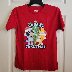 Kids Bluey Hooray Christmas Tee Shirt, Red Short Sleeve T-Shirt, Sz Large (11-12